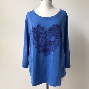 Talbots Cotton 3/4 Sleeve Blue Floral Heart Top